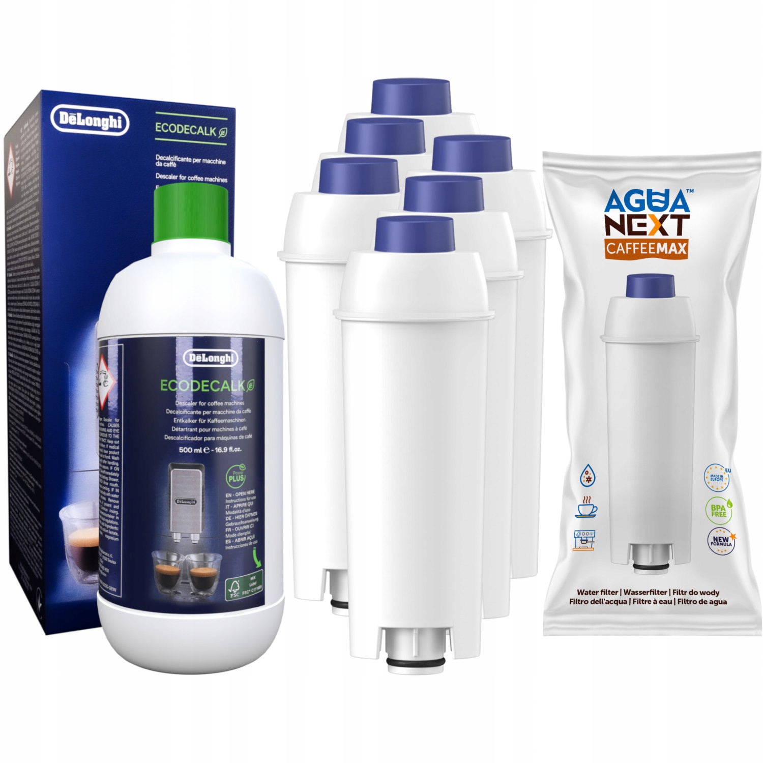 6× Agua Next vodný filter do kávovaru Delonghi, biely 1 ks + odstraňovač vodného kameňa Delonghi Ecodecalk DLSC500 500 ml